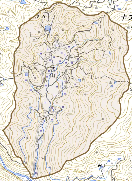 苔山とその周辺の地図。町の範囲を重ねている
