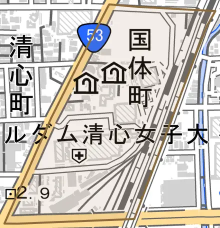 国体町とその周辺の地図。町の範囲を重ねている