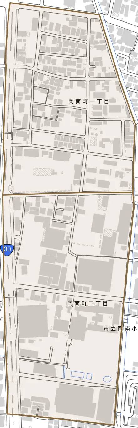 岡南町とその周辺の地図。町の範囲を重ねている