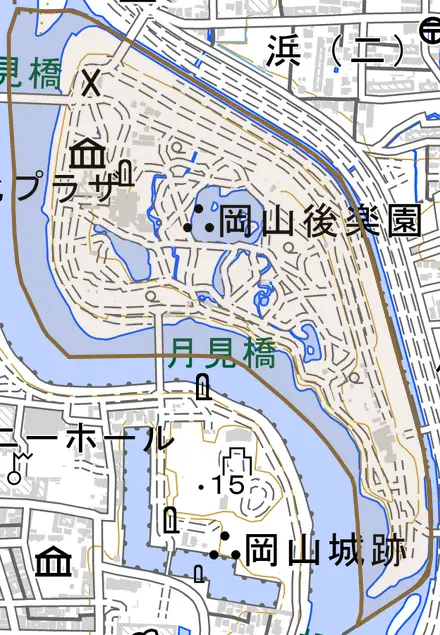 後楽園とその周辺の地図。町の範囲を重ねている