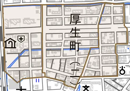 厚生町とその周辺の地図。町の範囲を重ねている