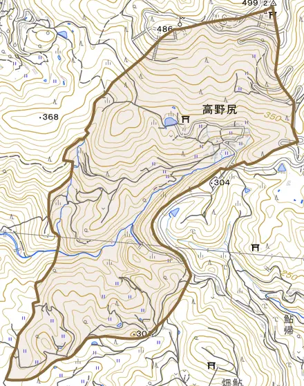 高野尻とその周辺の地図。町の範囲を重ねている