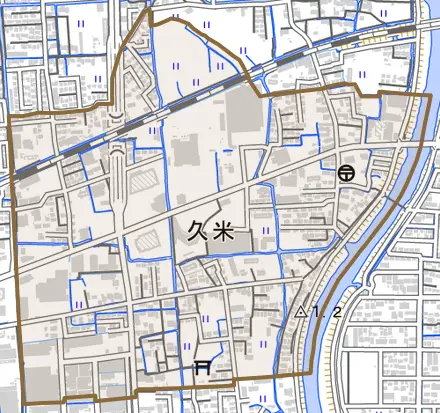 久米とその周辺の地図。町の範囲を重ねている