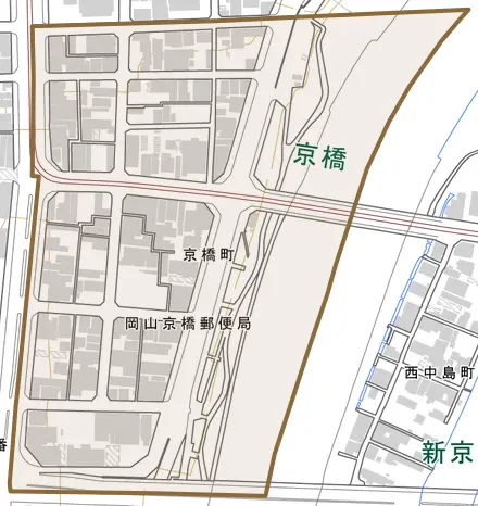 京橋町とその周辺の地図。町の範囲を重ねている