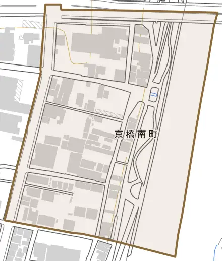 京橋南町とその周辺の地図。町の範囲を重ねている