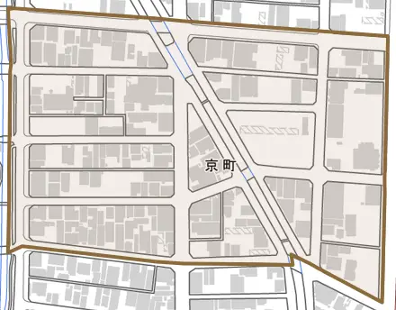 京町とその周辺の地図。町の範囲を重ねている