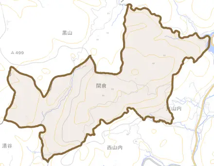 間倉とその周辺の地図。町の範囲を重ねている