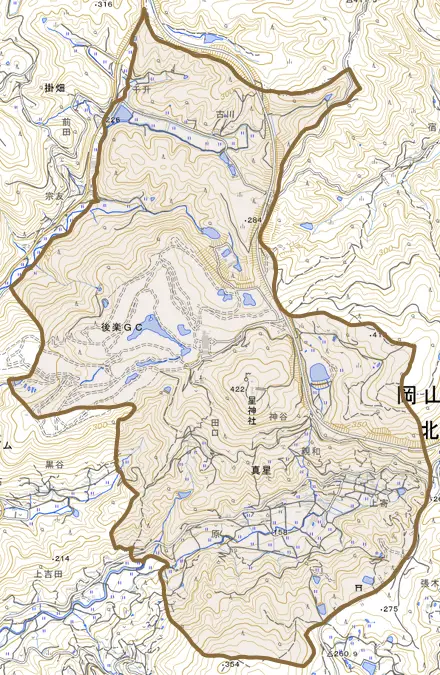 真星とその周辺の地図。町の範囲を重ねている