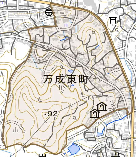 万成東町とその周辺の地図。町の範囲を重ねている