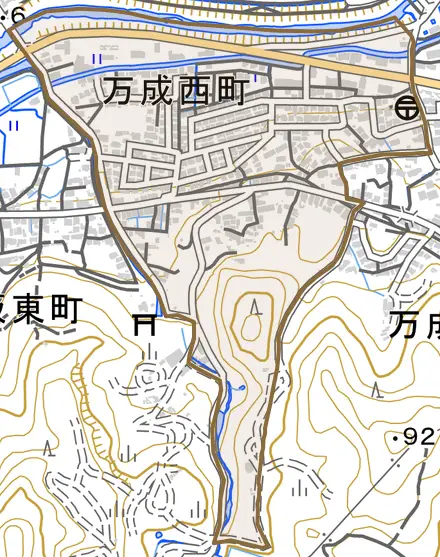 万成西町とその周辺の地図。町の範囲を重ねている