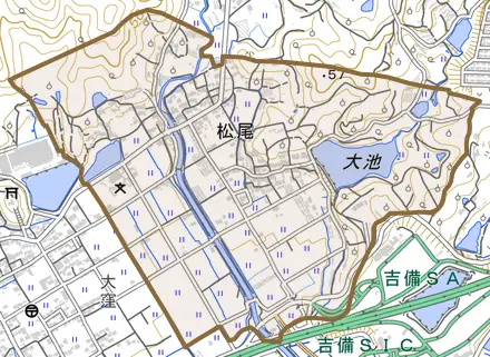 松尾とその周辺の地図。町の範囲を重ねている
