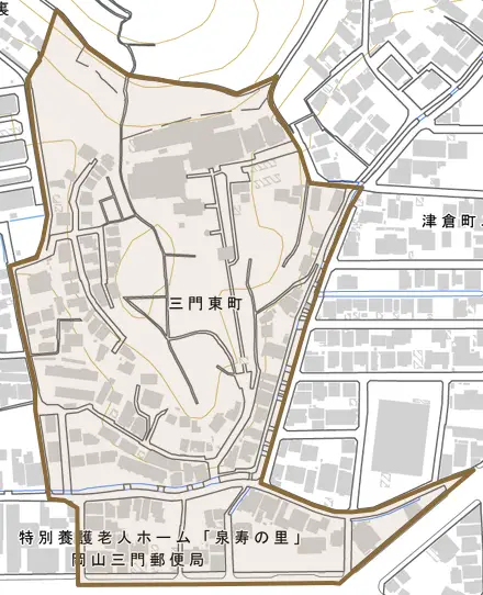 三門東町とその周辺の地図。町の範囲を重ねている