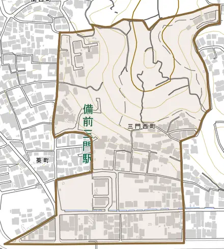 三門西町とその周辺の地図。町の範囲を重ねている