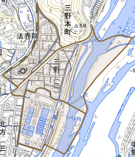 三野とその周辺の地図。町の範囲を重ねている