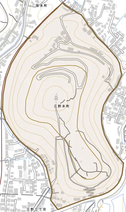 三野本町とその周辺の地図。町の範囲を重ねている