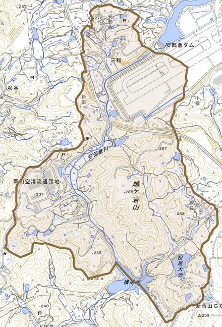 三和とその周辺の地図。町の範囲を重ねている