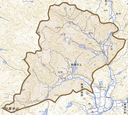 御津石上とその周辺の地図。町の範囲を重ねている