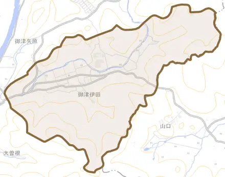 御津伊田とその周辺の地図。町の範囲を重ねている
