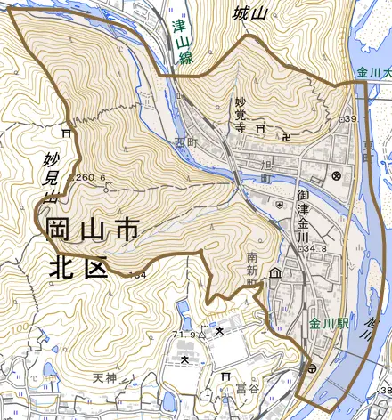 御津金川とその周辺の地図。町の範囲を重ねている