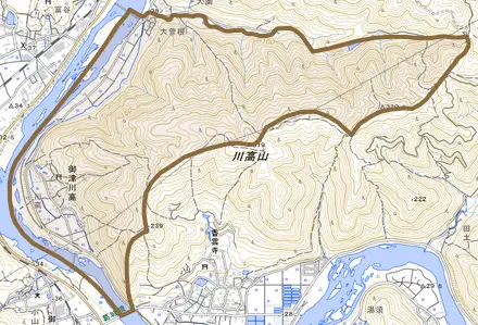 御津川高とその周辺の地図。町の範囲を重ねている