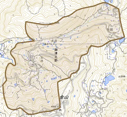 御津北野とその周辺の地図。町の範囲を重ねている
