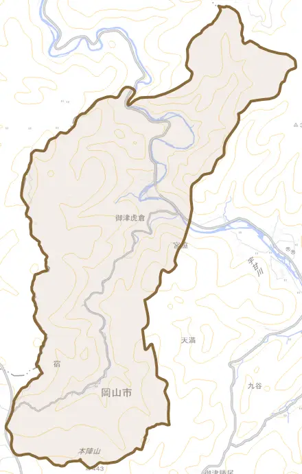 御津虎倉とその周辺の地図。町の範囲を重ねている