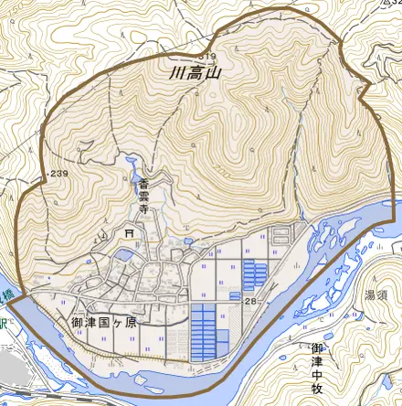御津国ケ原とその周辺の地図。町の範囲を重ねている