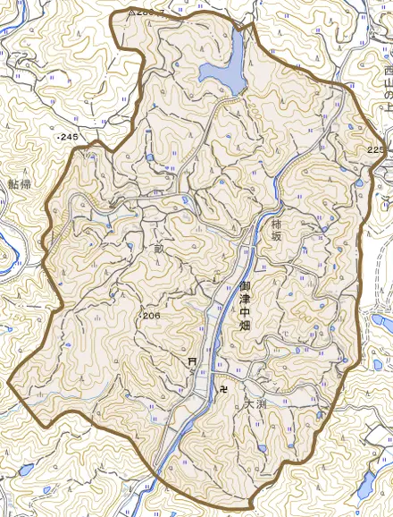 御津中畑とその周辺の地図。町の範囲を重ねている