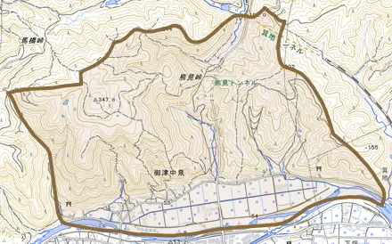 御津中泉とその周辺の地図。町の範囲を重ねている