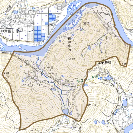 御津中牧とその周辺の地図。町の範囲を重ねている