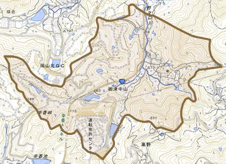御津中山とその周辺の地図。町の範囲を重ねている