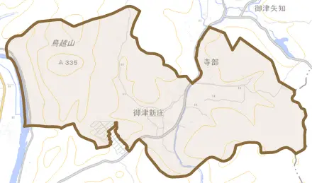 御津新庄とその周辺の地図。町の範囲を重ねている