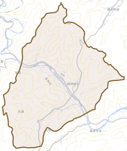 御津紙工とその周辺の地図。町の範囲を重ねている