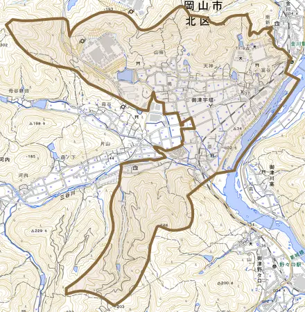 御津宇垣とその周辺の地図。町の範囲を重ねている