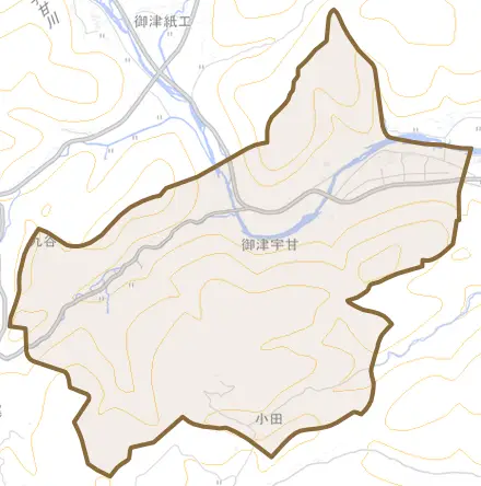 御津宇甘とその周辺の地図。町の範囲を重ねている