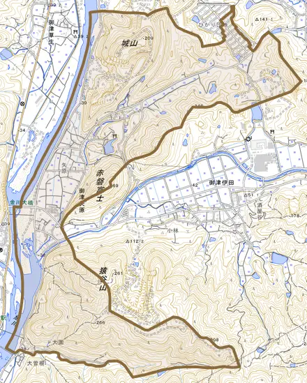 御津矢原とその周辺の地図。町の範囲を重ねている