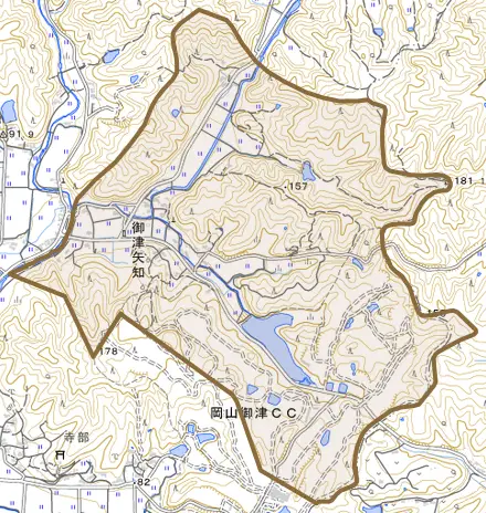 御津矢知とその周辺の地図。町の範囲を重ねている