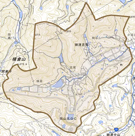 御津吉尾とその周辺の地図。町の範囲を重ねている