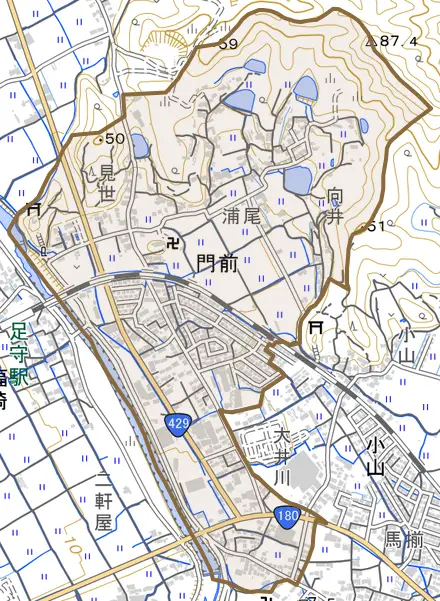 門前とその周辺の地図。町の範囲を重ねている
