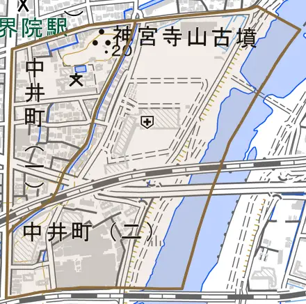 中井町とその周辺の地図。町の範囲を重ねている