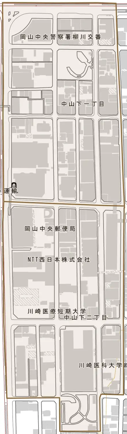 中山下とその周辺の地図。町の範囲を重ねている