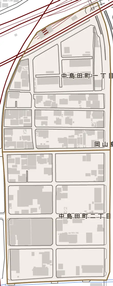 中島田町とその周辺の地図。町の範囲を重ねている