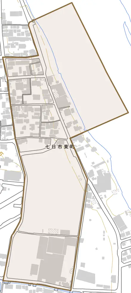 七日市東町とその周辺の地図。町の範囲を重ねている