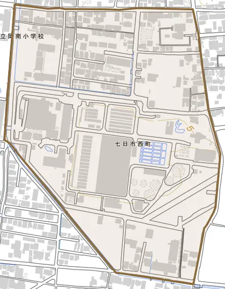 七日市西町とその周辺の地図。町の範囲を重ねている