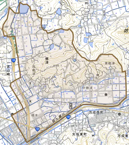楢津とその周辺の地図。町の範囲を重ねている