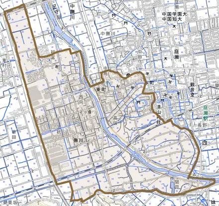 撫川とその周辺の地図。町の範囲を重ねている