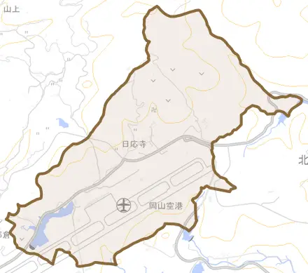 日応寺とその周辺の地図。町の範囲を重ねている