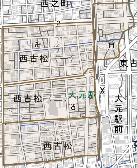 西古松とその周辺の地図。町の範囲を重ねている