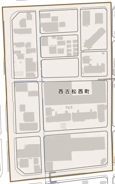 西古松西町とその周辺の地図。町の範囲を重ねている