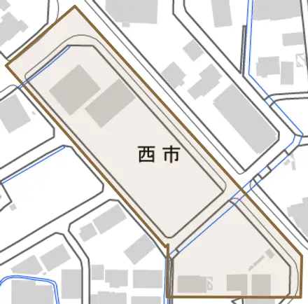 西市とその周辺の地図。町の範囲を重ねている